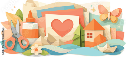 Warm Paper Craft. Handcrafted paper elements layered into a soft dimensional composition with visible folds, modern flat vector