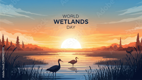Serene Wetlands Landscape with Migrating Birds at Sunset Viewed from a Calm Water's Edge
