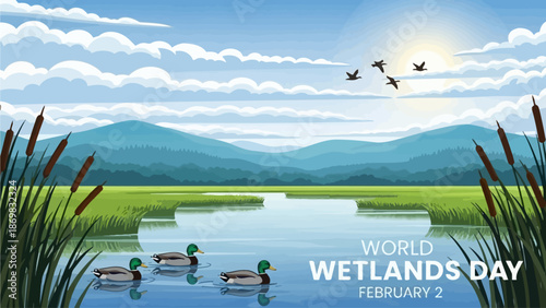 Serene wetland scene with ducks swimming in a lake surrounded by lush greenery on a sunny day
