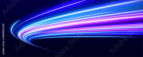 High-speed neon streaks rush forward like a glowing highway. Light trails blur into a powerful motion effect. Abstract night background filled with digital energy.