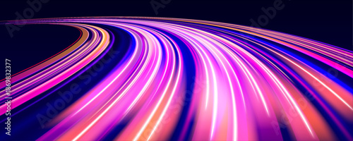 Neon arc bends sharply, creating a dynamic light turn in space. Glowing lines pulse with energy and speed. Futuristic abstract illustration with motion and depth.