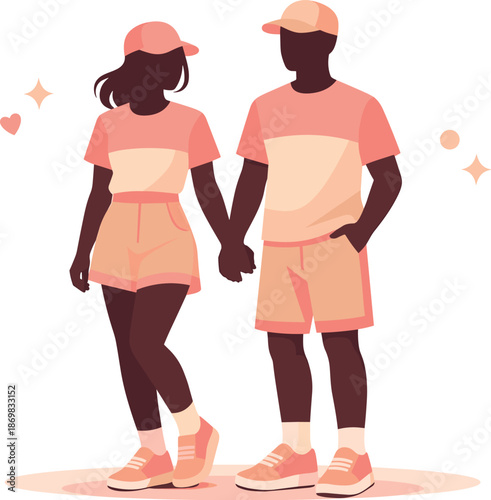 Matching Outfits Silhouettes. Coordinated couple silhouettes wearing matching outfits with harmonious colors and playful symmetry,