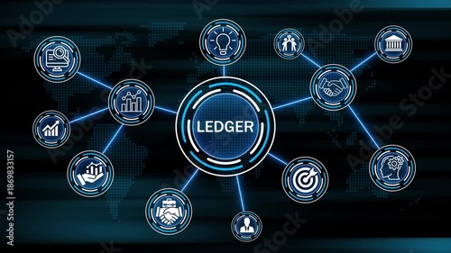 ledger Return on investment financial growth concept. Business, Technology, Internet and network concept ,Abstract technology symbols on a map background.
