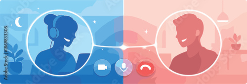 Connected Silhouettes. Split-screen composition showing two smiling silhouettes connected through a glowing video call interface,