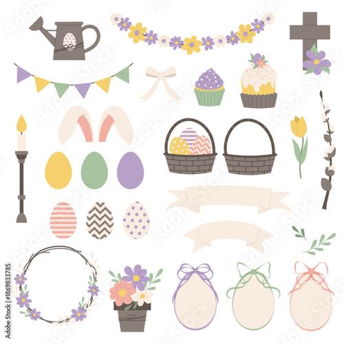 Set Easter clip art with decorative elements in pastel colors. Suitable for Easter and spring designs, greeting cards, invitations, posters, packaging, branding and seasonal decorations.