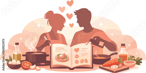 Cooking in Harmony. Couple silhouettes cooking together with open recipe books, ingredients, and heart accents, modern flat vector
