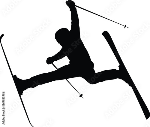 Black freestyle skiing silhouette, extreme winter sports athlete jumping with skis and poles isolated on white background vector illustration design