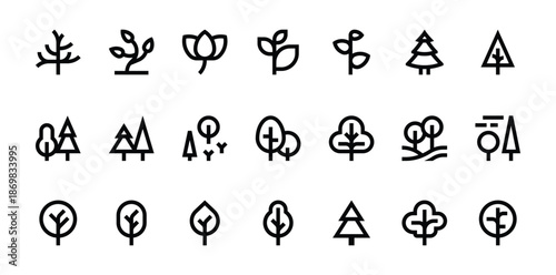 Line Drawing Icons of Diverse Trees and Plants.