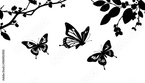 Butterfly Silhouette Serenity: A delicate silhouette of three butterflies dances gracefully amidst the silhouette of leaves and branches, creating a serene and captivating display. 