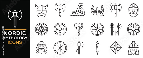 Nordic mythology icon set with Viking and Norse symbols in editable outline vector style