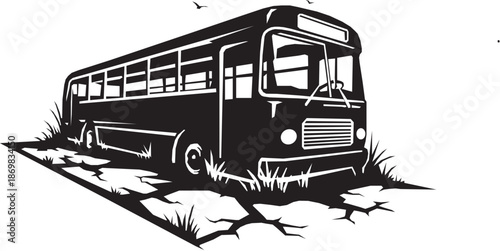 Post apocalyptic old abandoned bus on cracked road, detailed black and white vector 