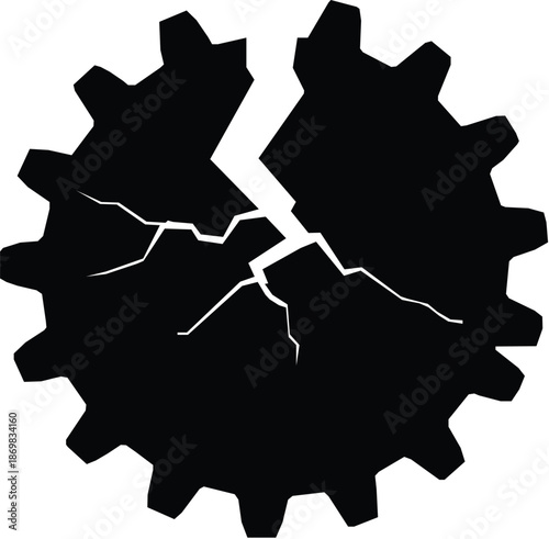 A stark black silhouette of a broken gear with a large crack running through its center symbolizing failure or malfunction silhouette.