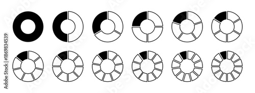 Circle division on 2, 3, 4, 5, 6, 7, 8, 9, 10, 11, 12 equal parts. Coaching black blank. Wheel round yellow divided diagrams with two, three, four, five, six, seven, eight, nine, ten, eleven segments.