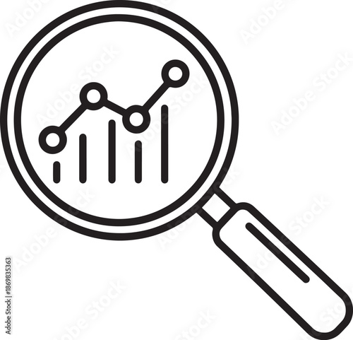 Magnifying glass examining a bar chart with black lines and circles on a white background also transparent background
