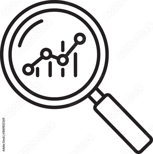 Magnifying glass examining a molecular structure with black lines and circles on a white background also transparent background