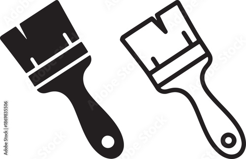 Two black and white paintbrushes with rectangular bristles and long handles also transparent background