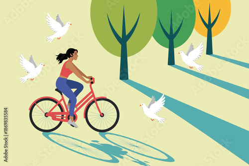 A woman rides a red bicycle through a serene park with trees and white doves flying around her.