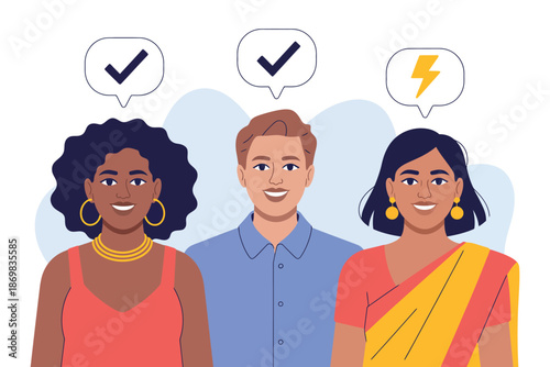 A diverse group of people with speech bubbles indicating agreement and disagreement