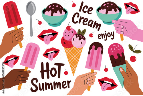 A colorful illustration of hands holding ice cream popsicles and enjoying treats on a hot summer day