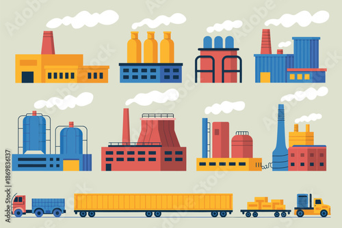 A colorful illustration of various industrial buildings and trucks for manufacturing and logistics