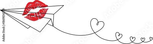 Kissed paper airplane soaring with hearts trailing behind