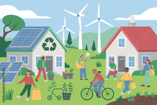 A vibrant illustration of people living in an eco-friendly community with renewable energy sources and sustainable living practices.