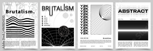 Black and white Y2K Posters set with 3D Wireframe Shapes in psychedelic style. Retro futuristic rave composition on white background. Vector templates.