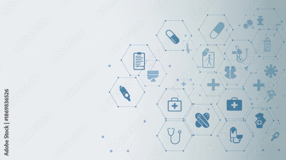 Fototapeta premium Hexagonal Medical Icons Image on Light Blue Gradient Background for Healthcare Technology and Innovation
