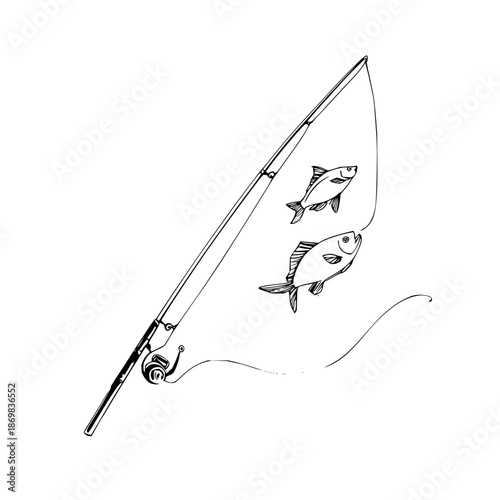 Illustration of a fishing rod with two fish caught on the line in a simple black and white drawing