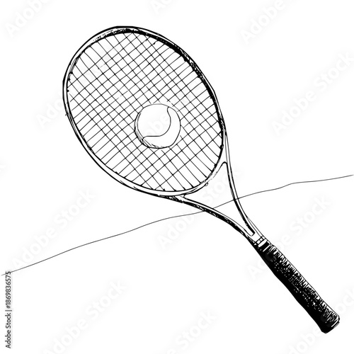 A detailed sketch of a tennis racket with a ball resting inside the strings on a white background space