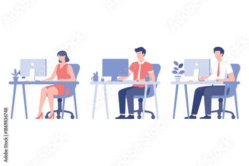 Three coworkers working at their desks in a modern office environment