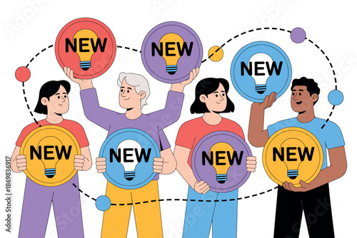 A diverse group of people holding up light bulbs with the word 'new' on them, symbolizing innovation and creativity.