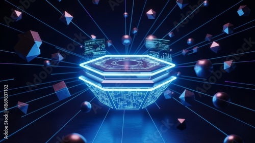Abstract glowing hexagonal platform with geometric shapes and digital data streams in dark futuristic cyberspace