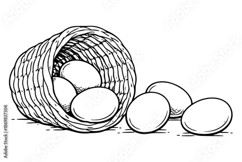 A basket of eggs, some tipped out onto a flat surface, drawn in a simple black and white sketch style