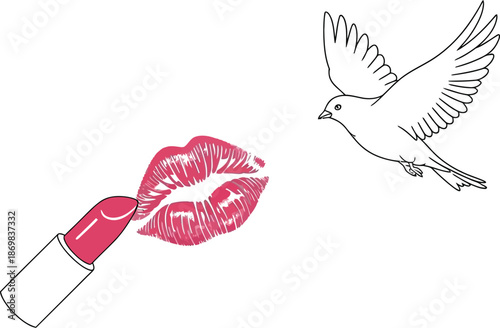 Vibrant lipstick kiss meets flying dove in stunning contrast
