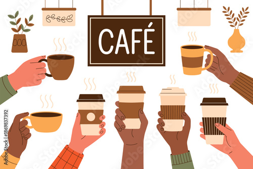 A diverse group of people enjoying coffee and tea in a cozy cafe setting