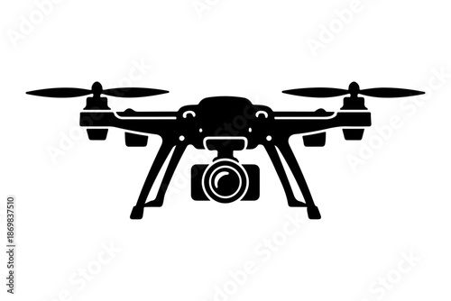 Black silhouette of a quadcopter drone with a camera mounted on its underside, representing aerial photography and videography technology