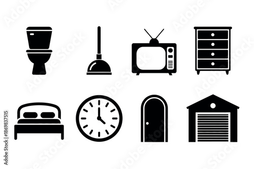 A collection of black and white icons representing common household items and furniture
