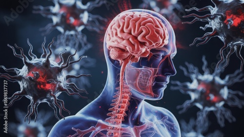 Futuristic medical brain anatomy concept, glowing human head and nervous system, red and blue healthcare science illustration
