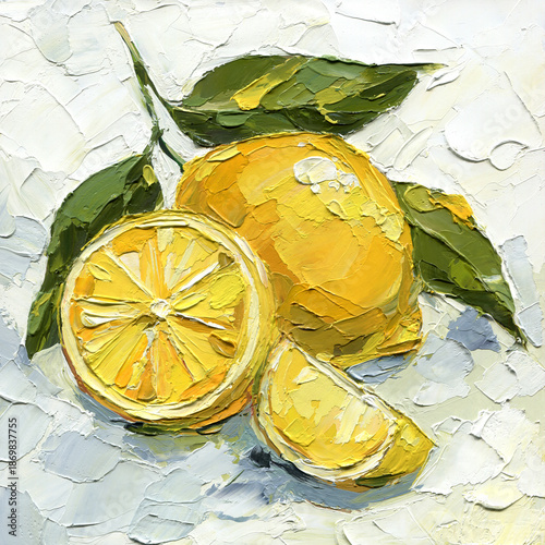 Lemon impasto still life with glossy peel leaves and cut citrus wedge on textured white background for minimal Mediterranean decor