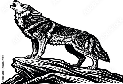A wolf standing on a rocky outcropping, howling at the moon