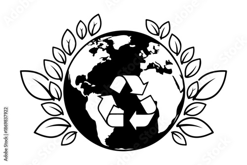 Recycling Symbol on Planet Earth Surrounded by Leaves, Symbolizing Global Environmental Protection and Sustainability