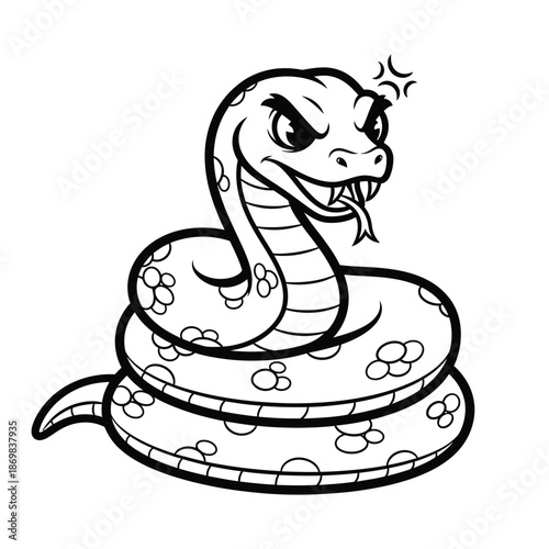 Angry Snake Illustration: A captivating black and white illustration of an angry snake, coiling with menacing eyes and a forked tongue.
