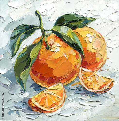 Fotografia Orange impasto still life with green leaves and citrus slices on textured white
