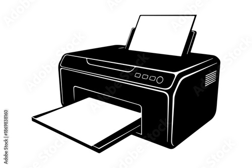 Detailed illustration of a modern inkjet printer outputting a document with a paper tray for input and output