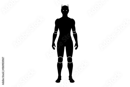 A full body silhouette of a person in a superhero costume with pointed ears and armored knees