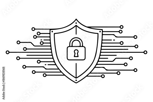 Cybersecurity shield with padlock and circuit board lines, digital security concept illustration