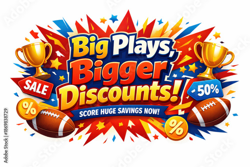 Big Plays Sale. Modern holiday banner with short greeting slogan, vibrant sports sale banner packed with high-energy savings and