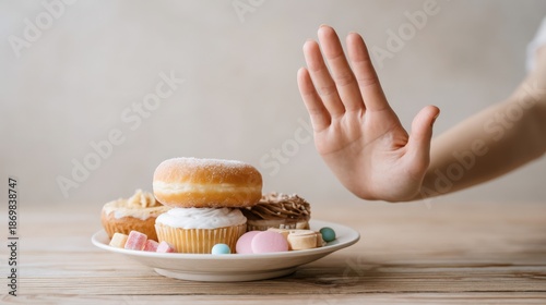 Hand gesture signaling refusal is shown above a plate of assorted desserts including donuts, cupcakes, and candies, emphasizing a moment of self-control and healthy choices