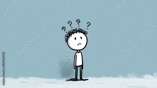 Personnage confus avec points d'interrogation exprimant doute et réflexion